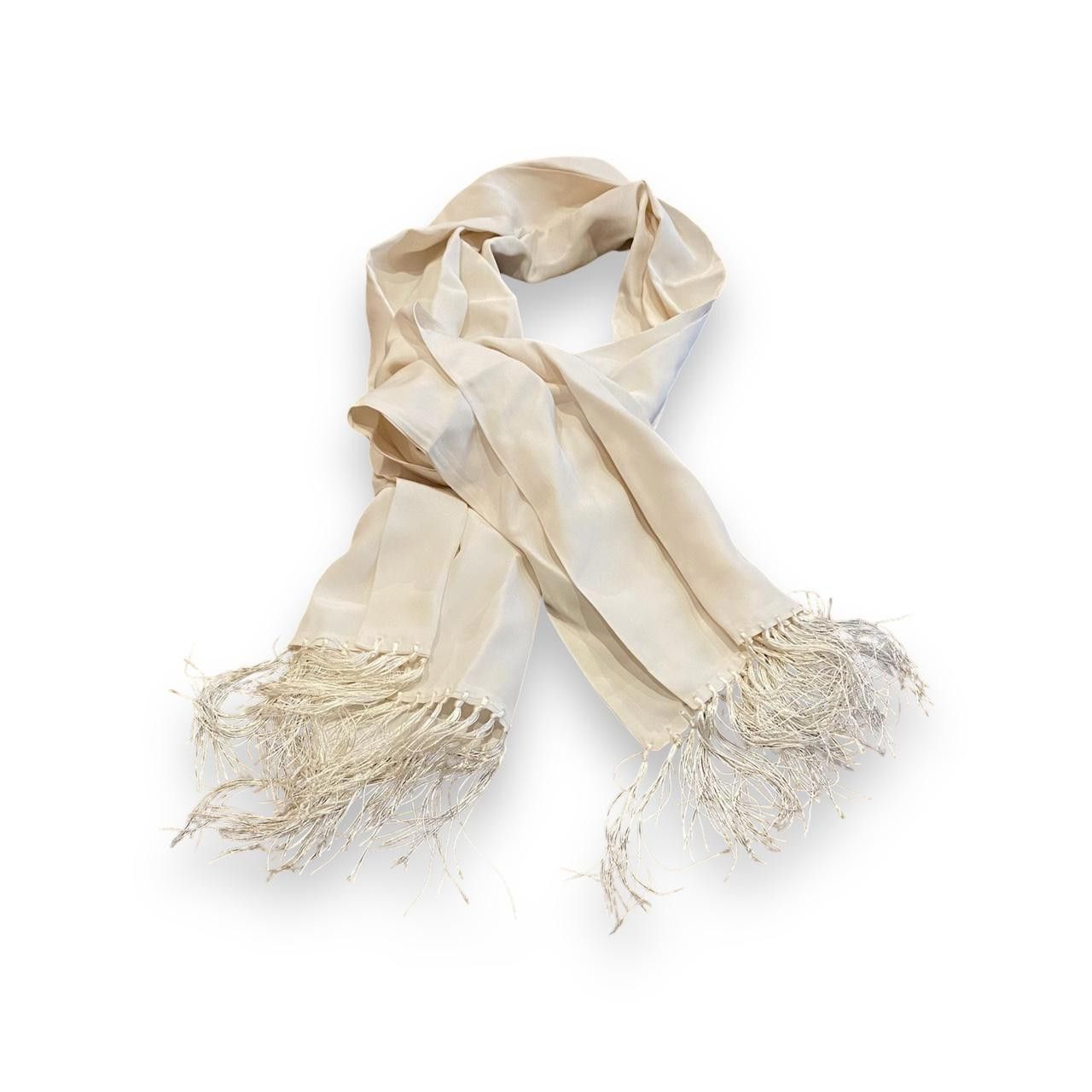 Designer White Reboso Type Tassell Scarf Size ONE SIZE - 1 Thumbnail