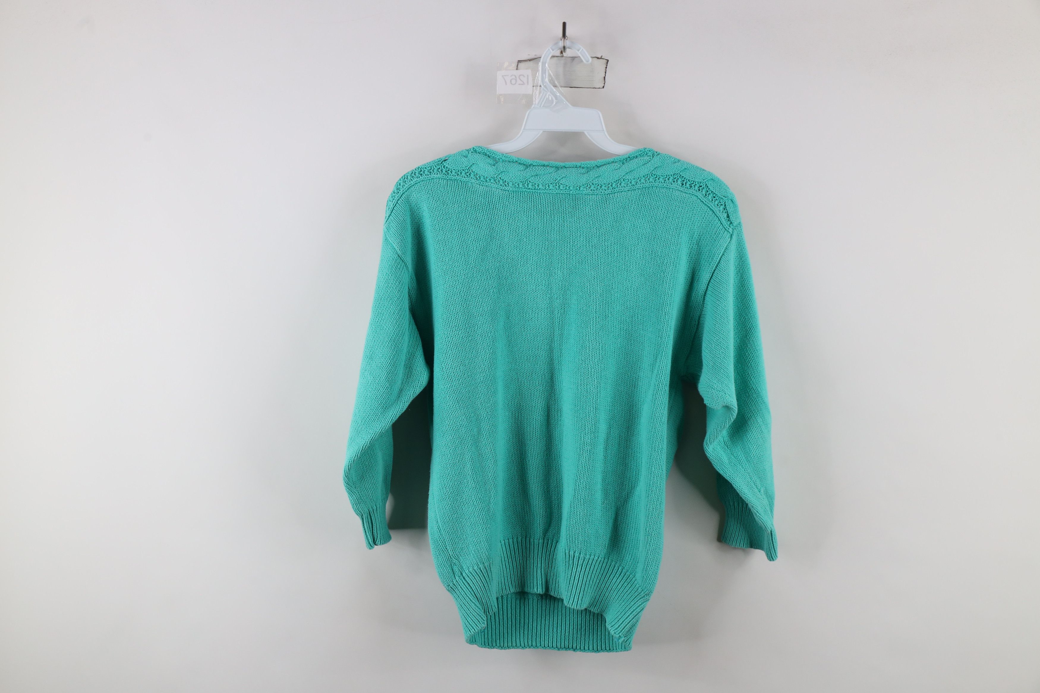 Vintage Vintage 90s Streetwear 3/4 Sleeve Cable Knit Sweater Teal Size L / US 10 / IT 46 - 9 Thumbnail