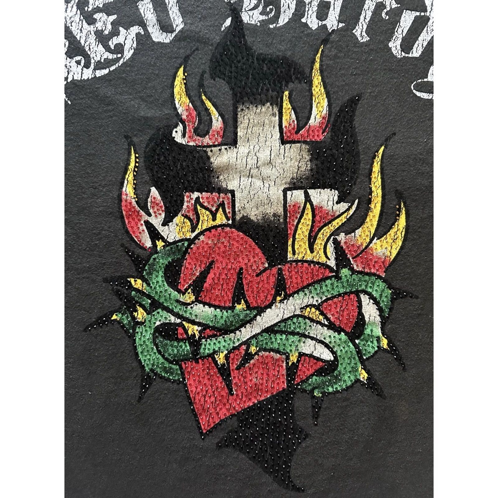 Ed Hardy VINTAGE Ed Hardy T-Shirt Men XL Charcoal Graphic Print Heart Cross Rhinestone Tee Y2K Studded White? Size US XL / EU 56 / 4 - 3 Thumbnail