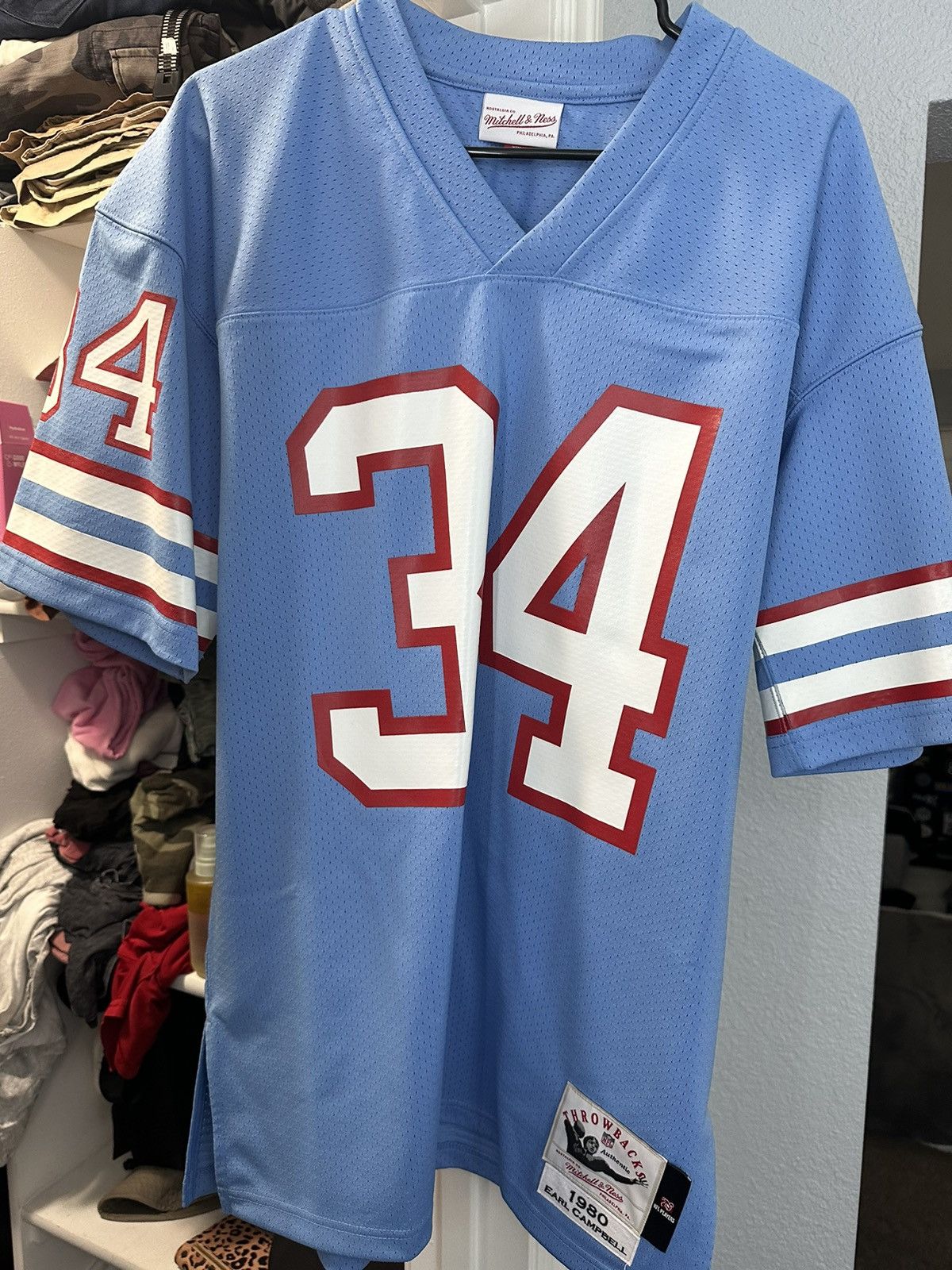 image of Mitchell Ness Earl Campbell Mitchell & Ness Houston Oilers Jersey in Blue, Men's (Size Large)