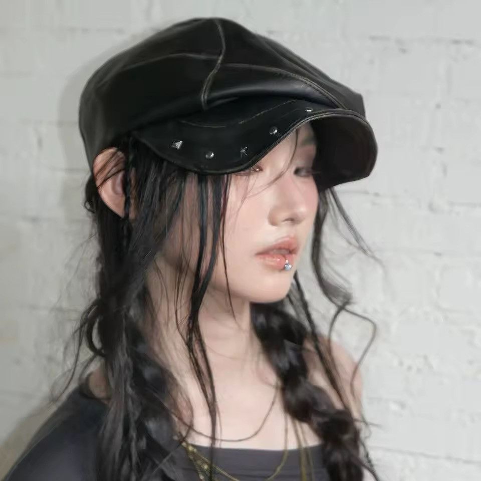 Japanese Brand Japanese Vintage Style PU Leather Rivets Beret Cap Hat Size ONE SIZE - 1 Thumbnail