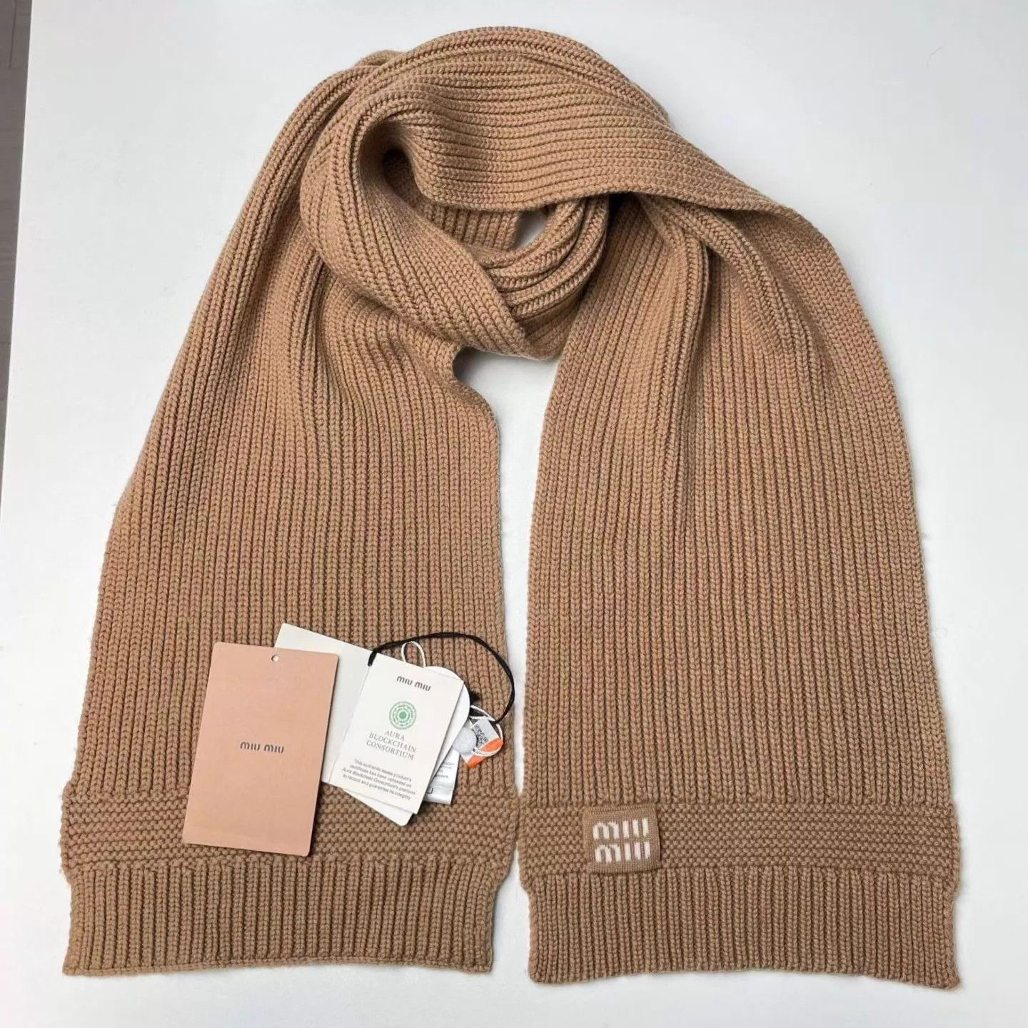Miu Miu MIU MIU 25FW Camel Wool-Cashmere Ribbed Knit Logo Scarf Size ONE SIZE - 5 Thumbnail