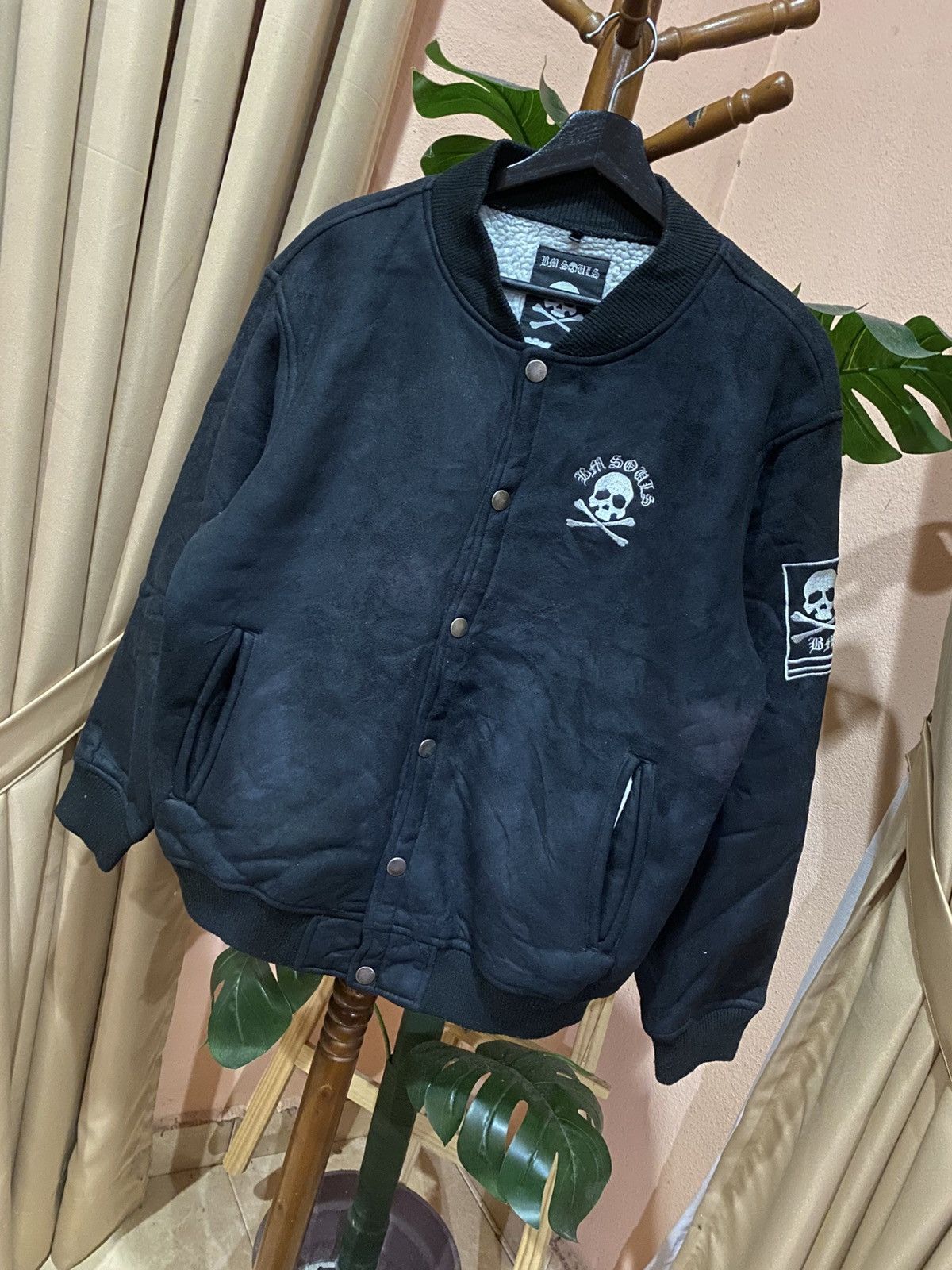 Japanese Brand BM SOULS Black Varsity Skull Jacket Sherpa Streetwear Punk Size US L / EU 52-54 / 3 - 2 Thumbnail