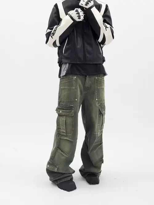 image of Retro Washed Distressed Workwear Loose Wide Leg Jeans in Flowers Dark Green, Men's (Size 32)