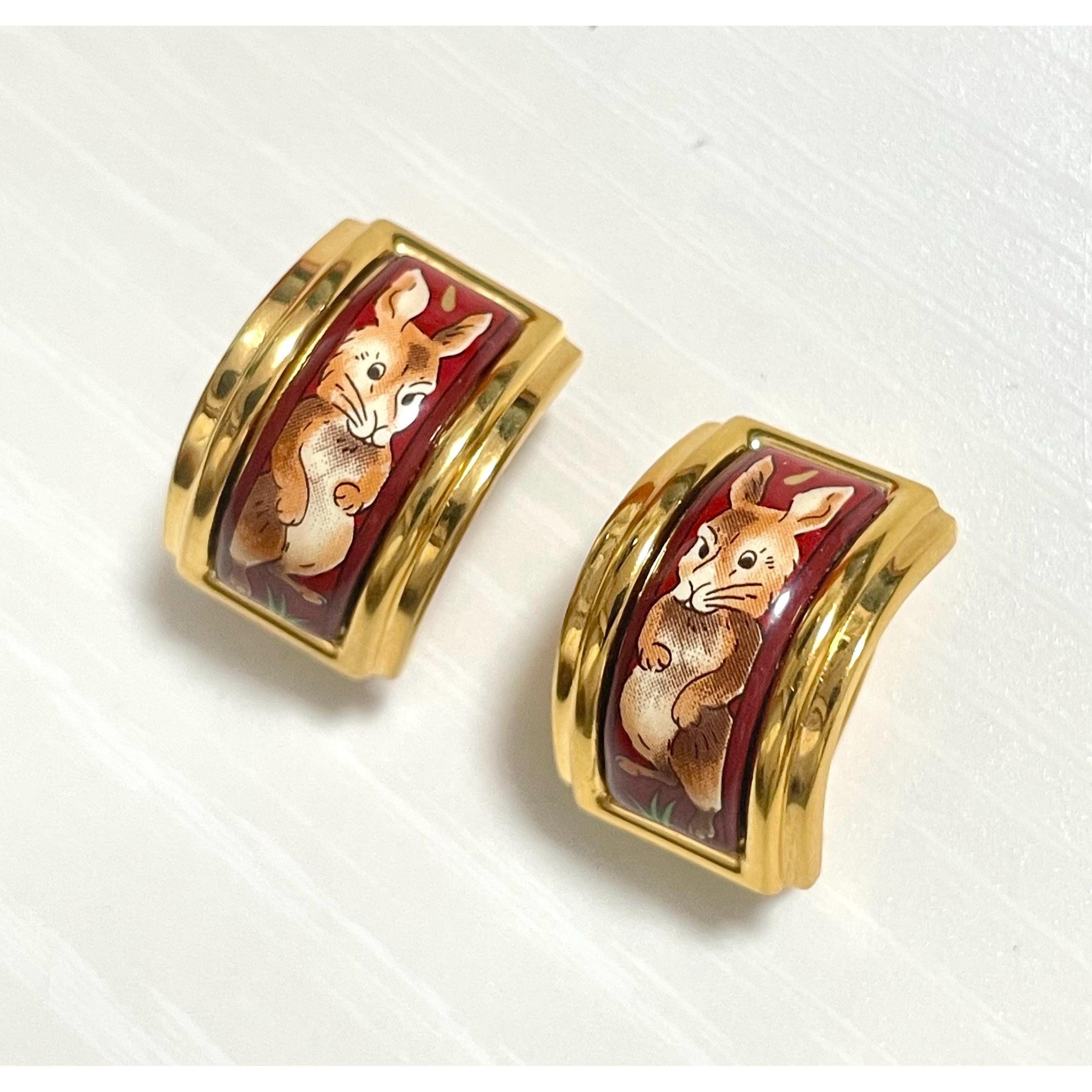 Hermes Vintage Hermes cloisonne enamel golden earrings with rabbit, Size ONE SIZE - 6 Thumbnail