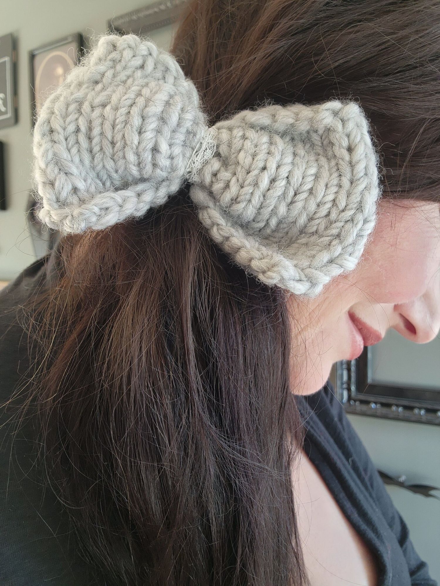 Handmade Hand Knit Hair Bow, Frost Gray Ponytail Holder or Hair Band, Size ONE SIZE - 3 Thumbnail