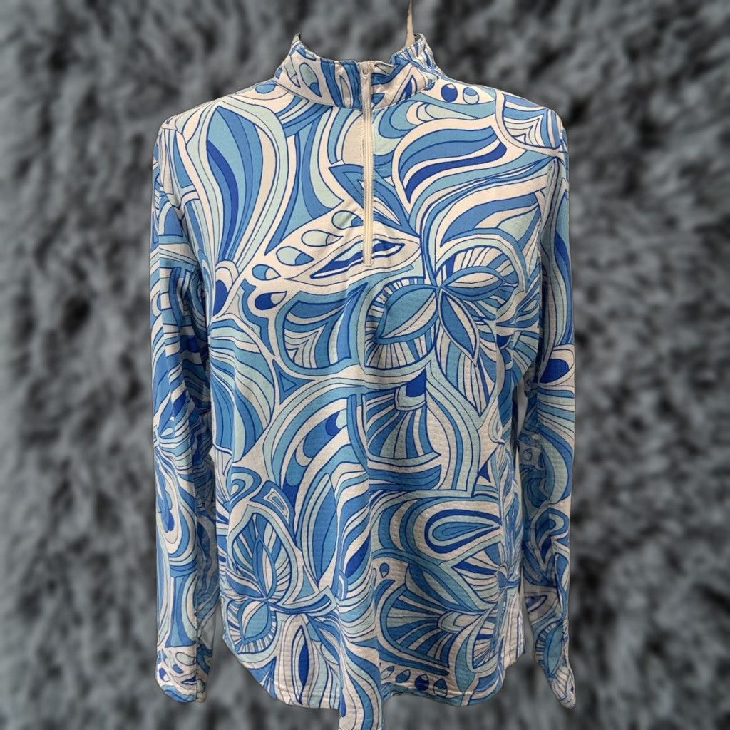 Vintage Icikuls Golf Pullover Top Women's Large Blue White Paisley Long Sleeve 1/4 Zip Size L / US 10 / IT 46 - 1 Thumbnail
