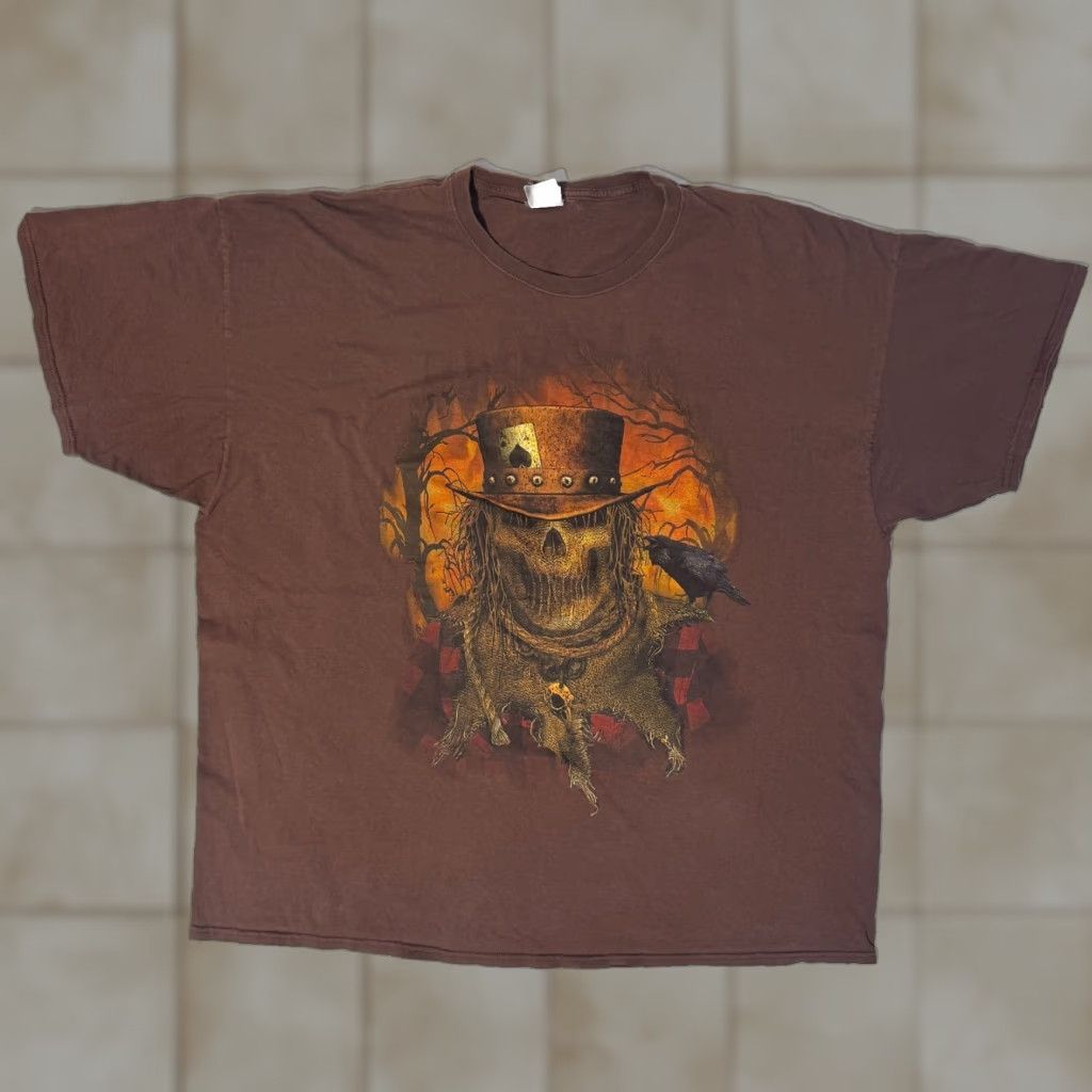 Fruit Of The Loom VINTAGE Y2K Halloween Grunge Scarecrow Brown Graphic Haunted Tshirt - 3XL Size US XXL / EU 58 / 5 - 1 Thumbnail