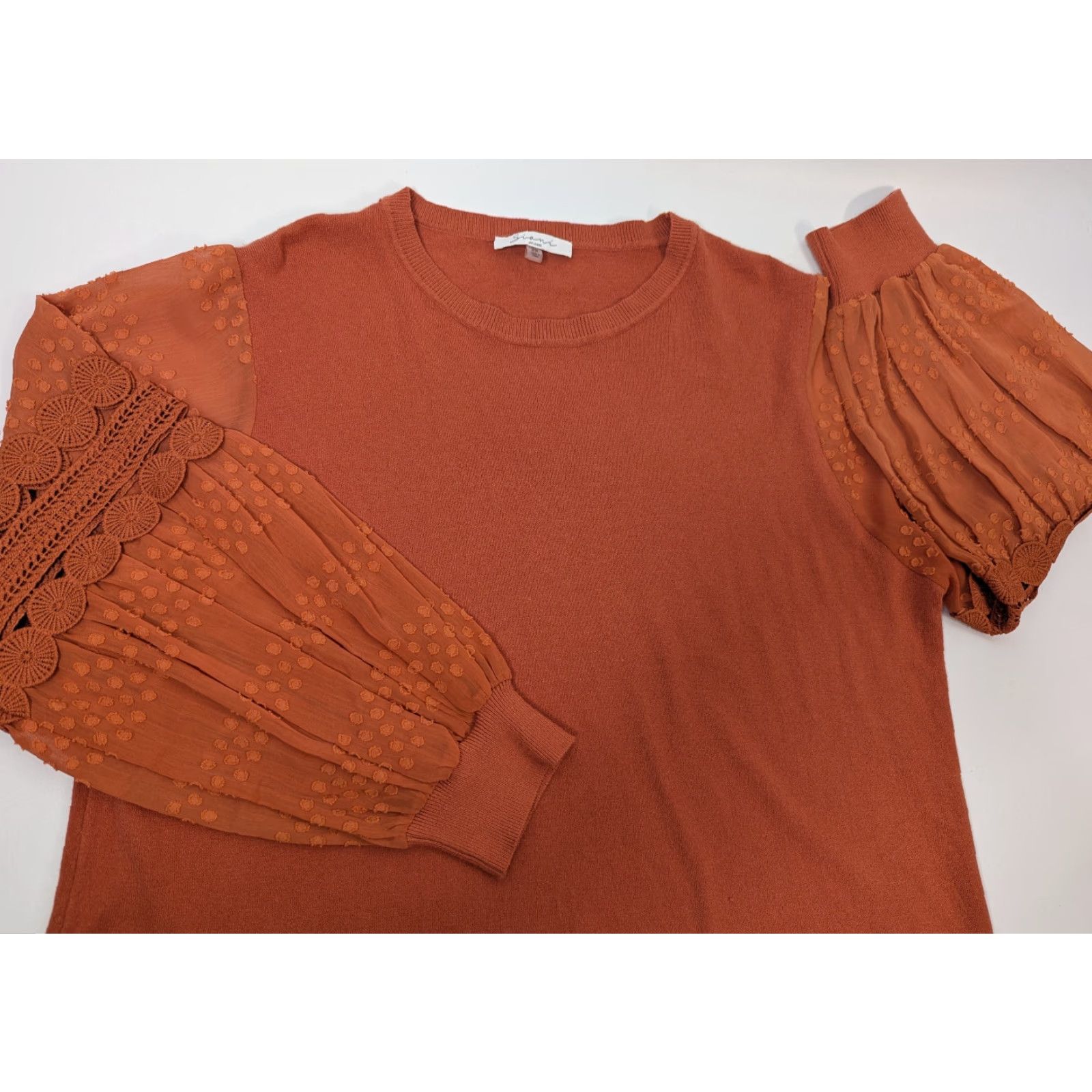 Vintage Sioni Sweater Women 2X Lace Bubble Sleeve Jumper Orange Lace Crochet Coquette Knit Pullover Crew Neck Blouson Sleeve Casual Fashion Size XXL / US 16-18 / IT 52-54 - 2 Thumbnail