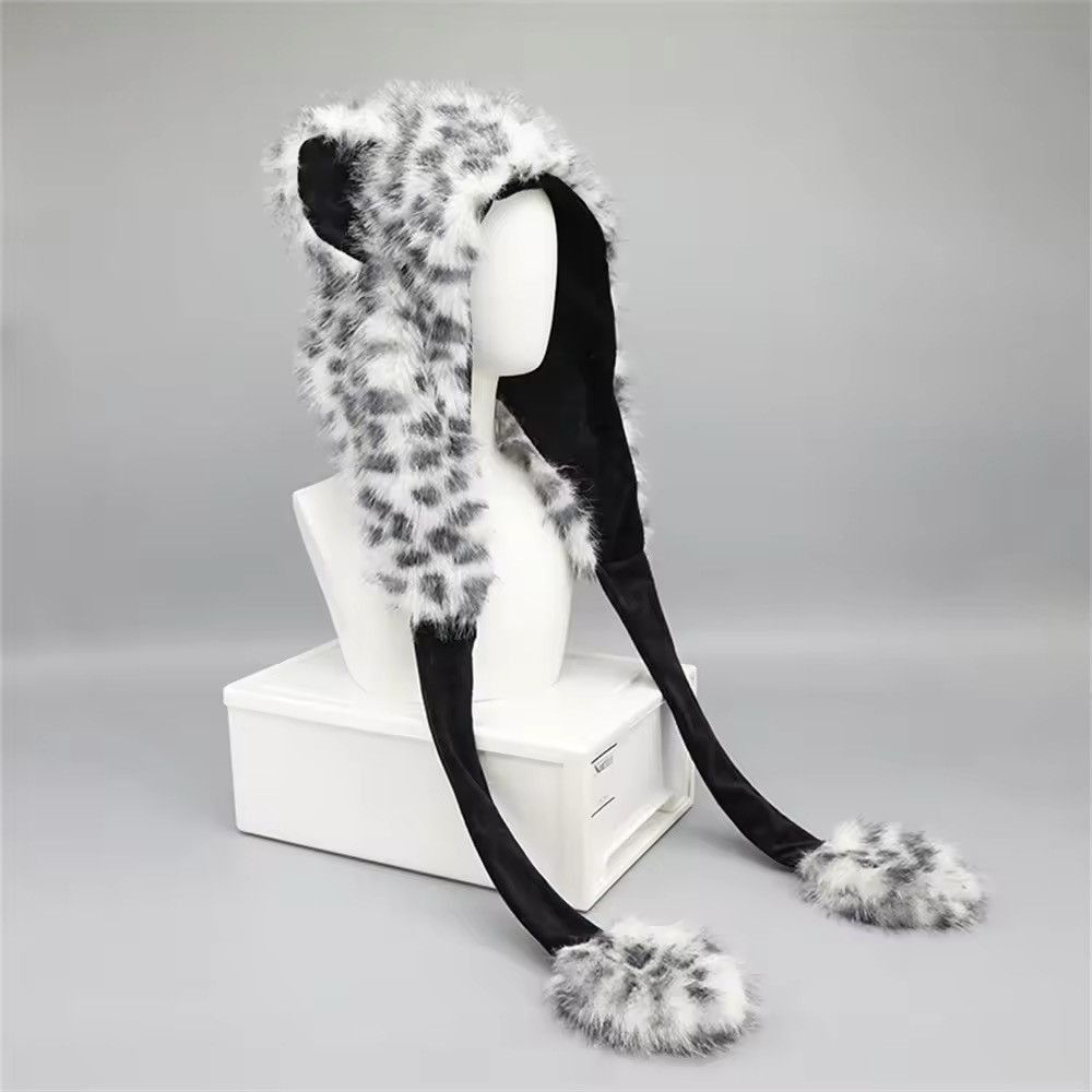Japanese Brand Animal Snow Leopard Hooded Winter Faux Fur Hat Size ONE SIZE - 2 Thumbnail