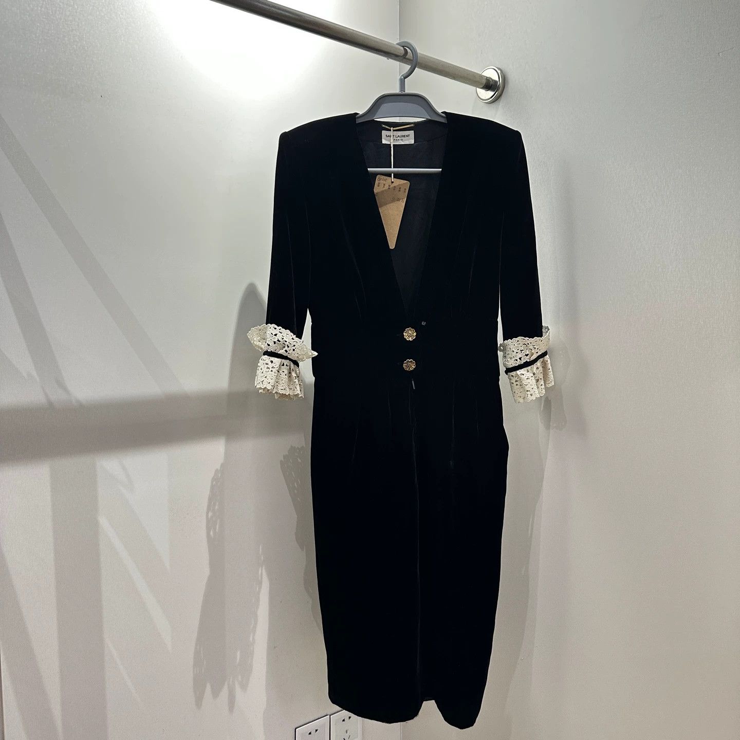Saint Laurent Paris Saint Laurent Velvet Lace Trim Gold Button Dress F38 Size S / US 4 / IT 40 - 1 Thumbnail