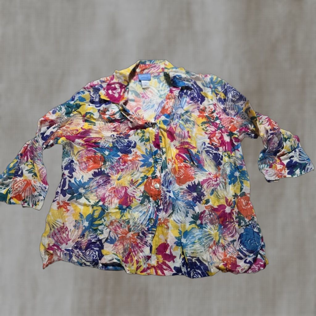 Vintage LARK LANE Shirt Button-Up Floral Sheer 3/4 Sleeve Adult Women 16W Yellow Floral 90s/Flower Theme Mens Womens Girls? Size XXL / US 16-18 / IT 52-54 - 1 Thumbnail