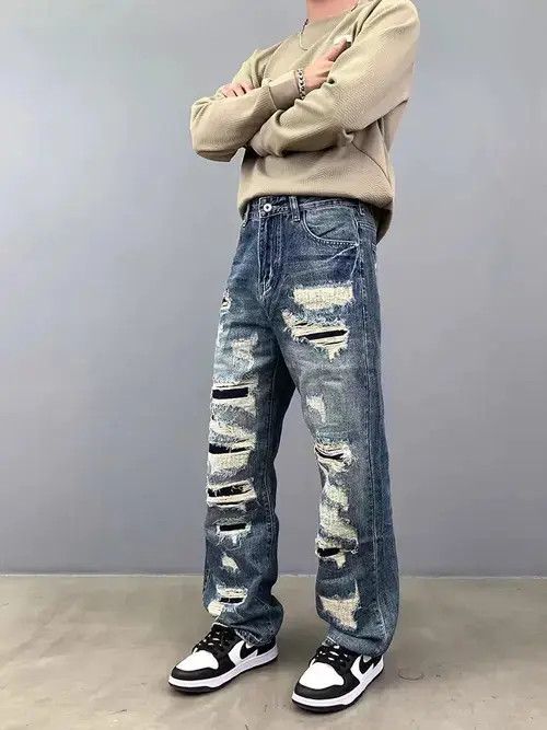 Jean Vintage washed and worn patched loose hip hop jeans Size US 36 / EU 52 - 6 Thumbnail