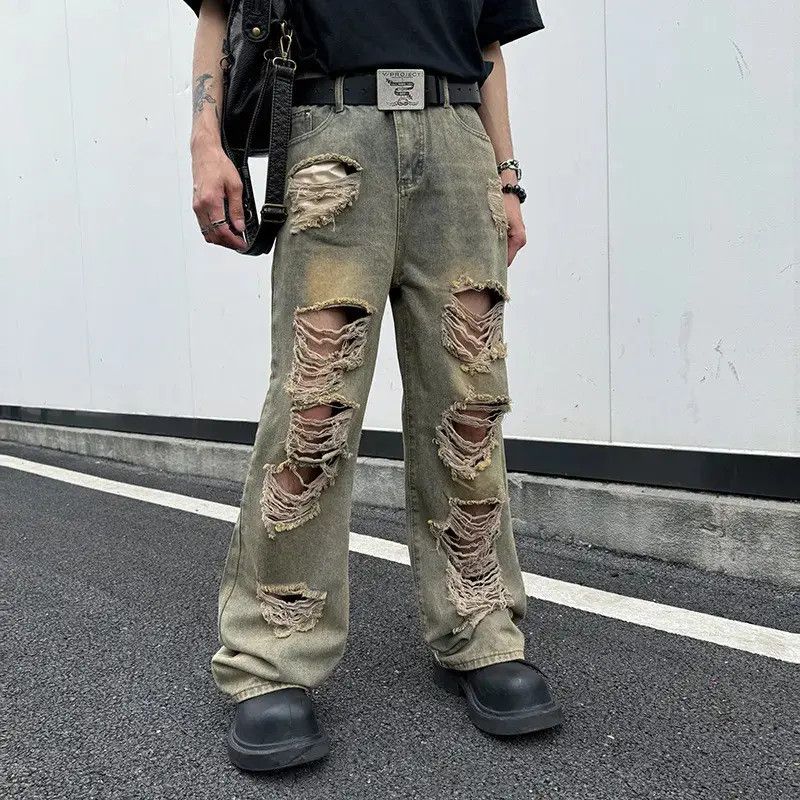 Japanese Brand Retro loose wide leg ripped jeans Size US 32 / EU 48 - 6 Thumbnail