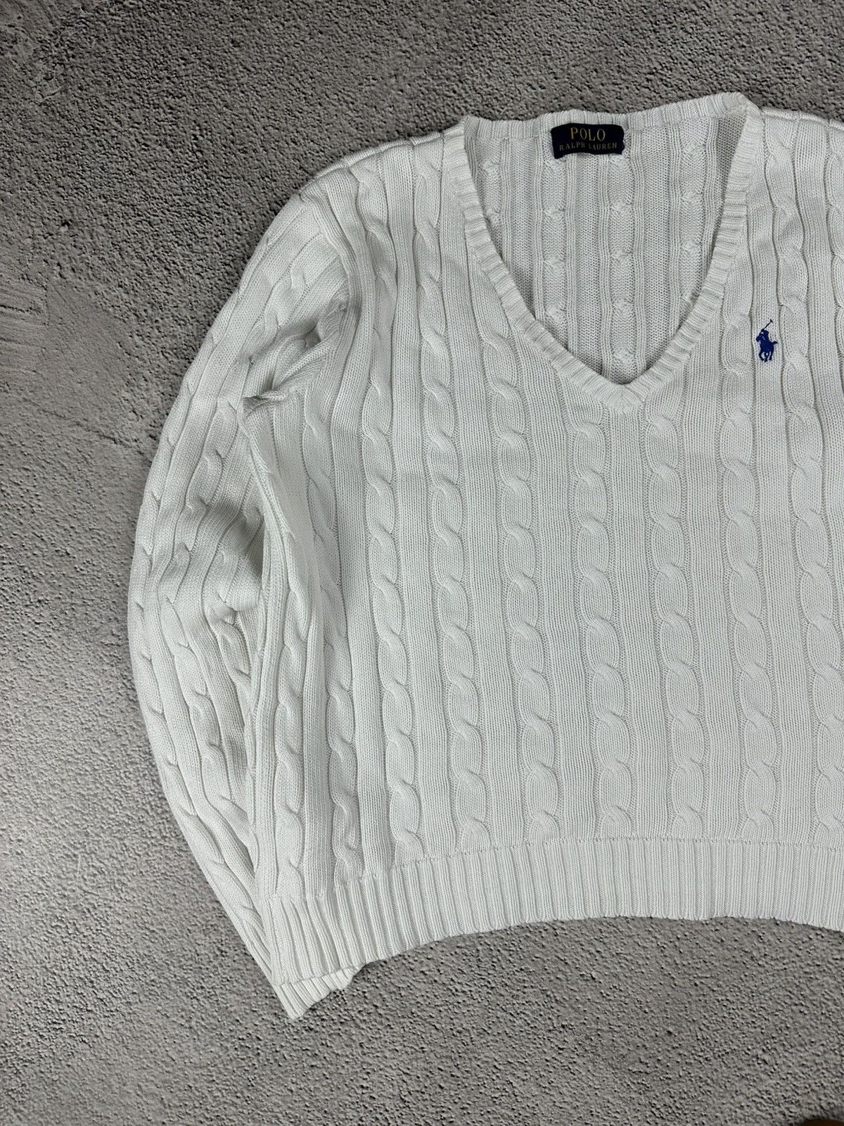 Polo Ralph Lauren Polo Ralph Lauren Cable Knit V-Neck Sweater White Striped Size L / US 10 / IT 46 - 3 Thumbnail