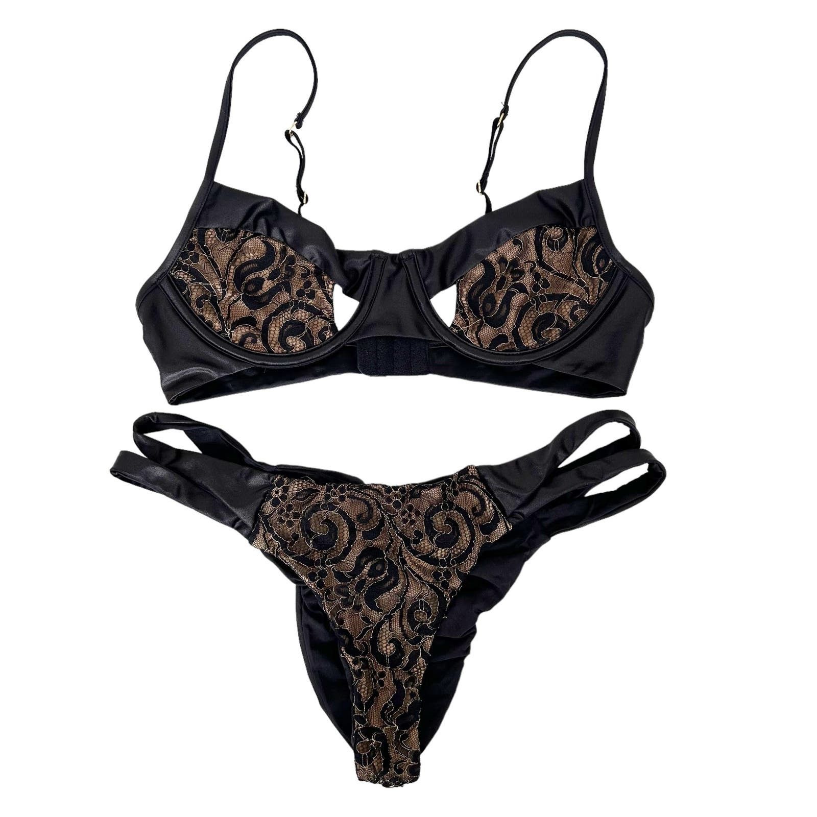image of Beach Bunny Black Gold Lace Bikini Bathing Suit Size L, Women's