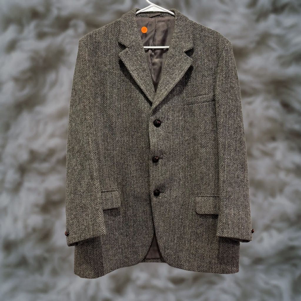CO Dunn & Co Harris Tweed Vintage Blazer Grey Herringbone Wool Sport Coat Jacket - 44R Men's|Mens|Shirt Size 44R - 1 Thumbnail
