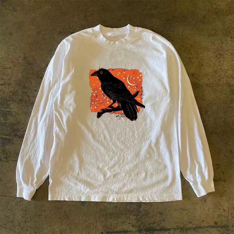 Japanese Brand × Vintage White retro crow print long sleeve tee Size US L / EU 52-54 / 3 - 1 Thumbnail