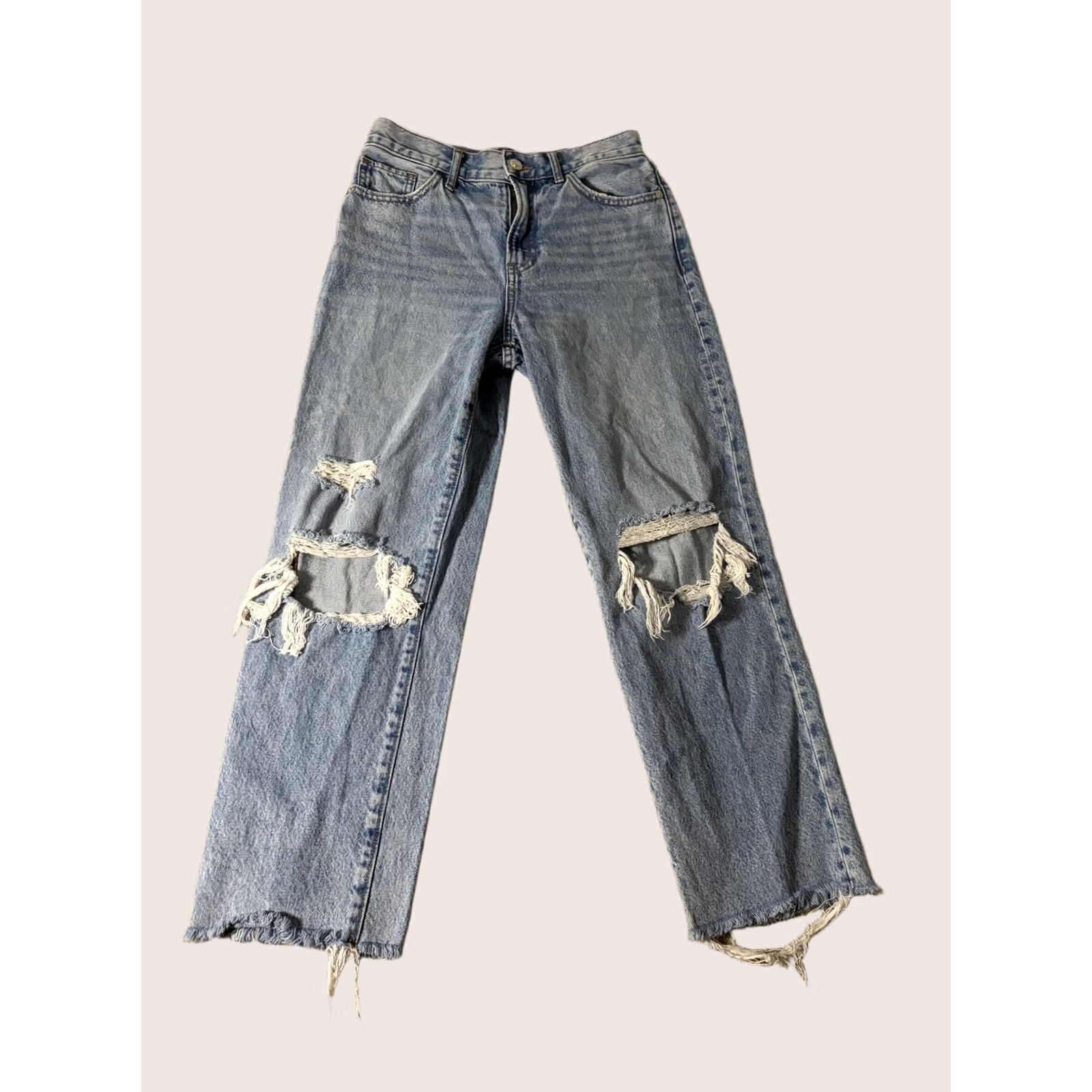 Express Express Mom Jeans Womens 2R Blue Super High Rise Distressed Ripped Raw Hem Size 26" / US 2 / IT 38 - 1 Thumbnail