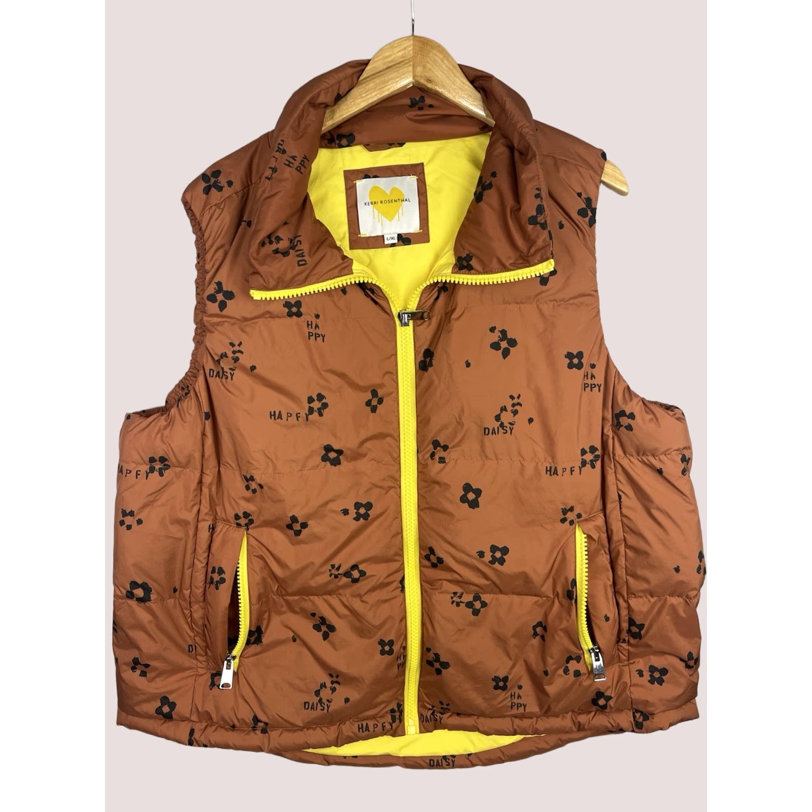 Vintage Kerri Rosenthal Vest Womens Large XL Brown Yellow Happy Daisy Puffer Full Zip Size XL / US 12-14 / IT 48-50 - 1 Thumbnail