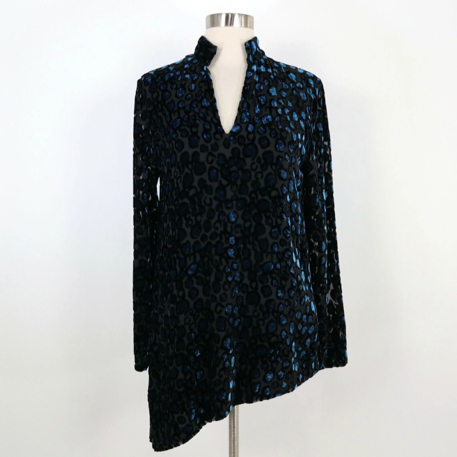 image of Vintage St. John Blouse Tunic Top Pxs Silk Velvet Textured Leopard Black Teal Asymmetric in White, 