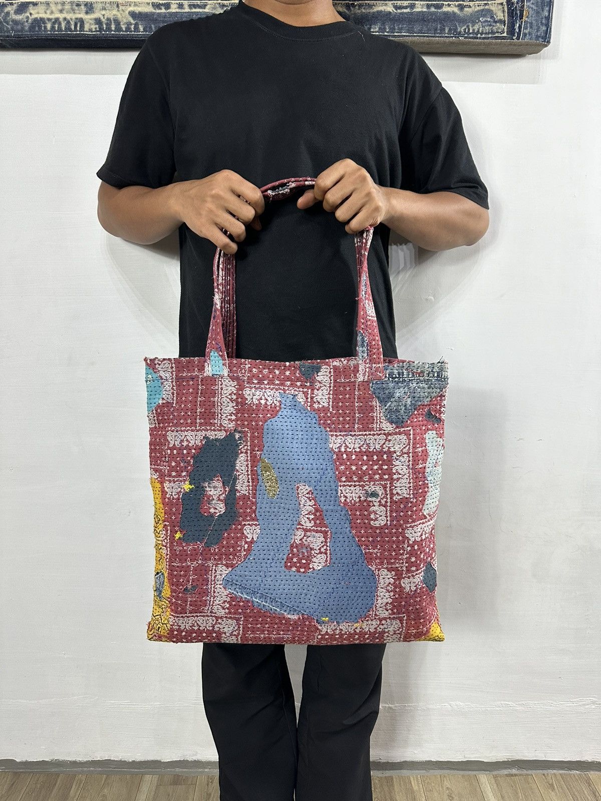 Handmade Custom Made Distressed denim Patchwork Boro Paisley tote bag Size ONE SIZE - 1 Thumbnail