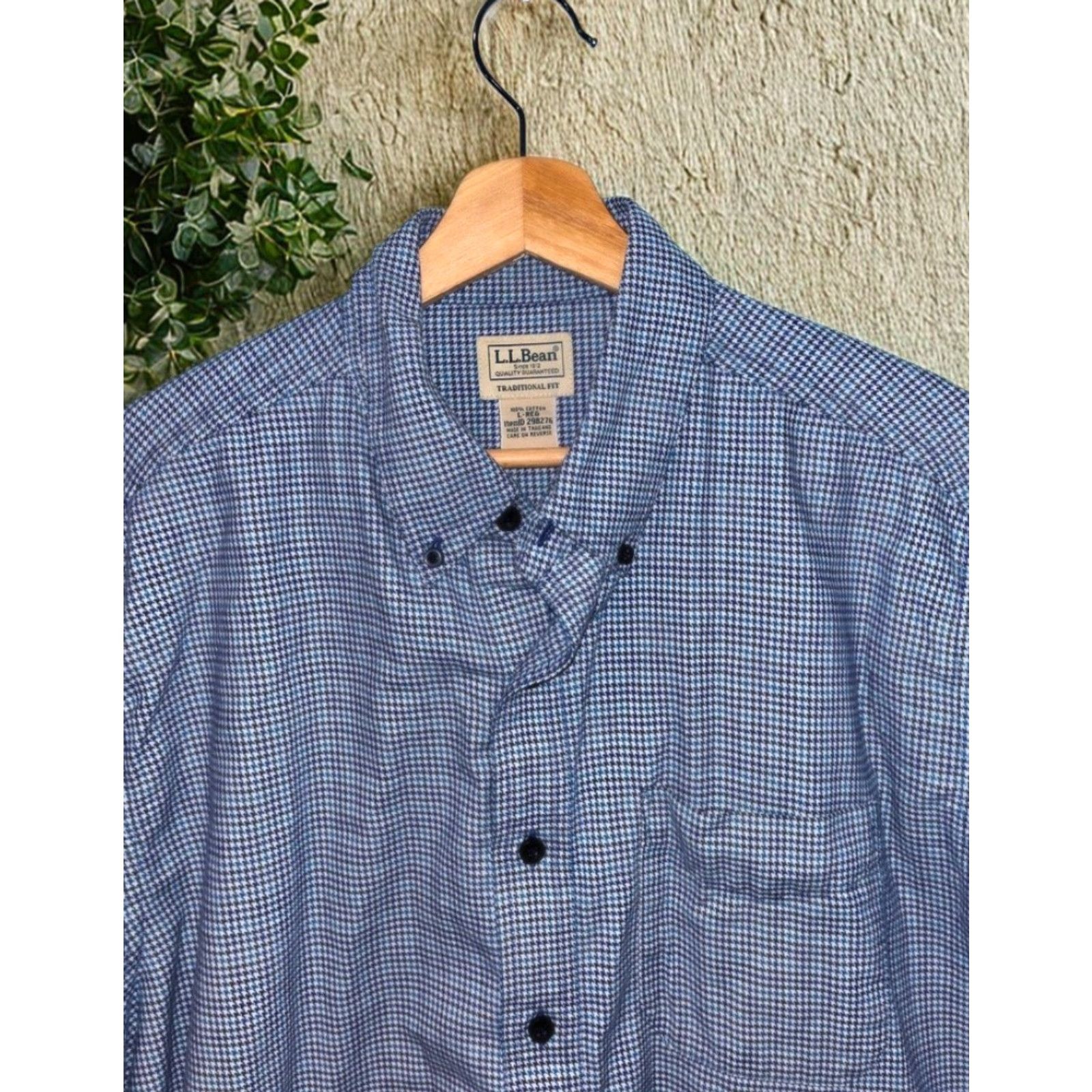 Vintage L.L.Bean Mens Large Blue Houndstooth Check Flannel Button-Down Shirt Pocket Shirt Size US L / EU 52-54 / 3 - 2 Thumbnail