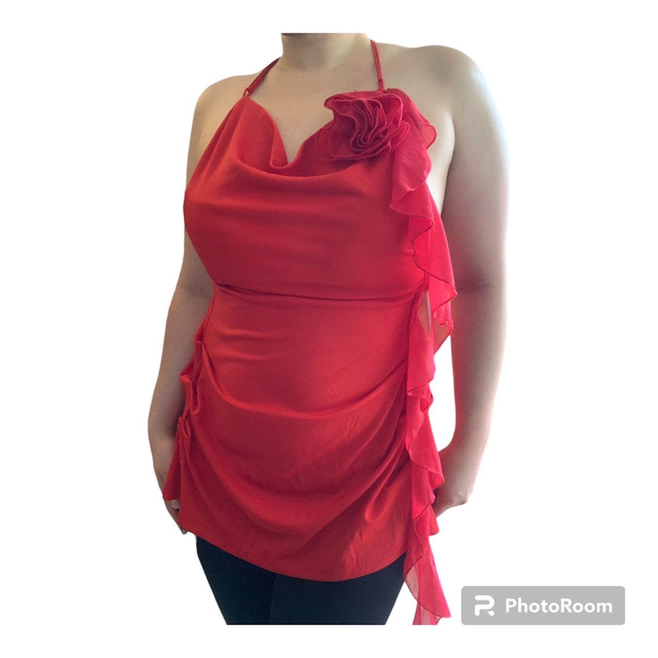 Designer NWT Y2K Style Backless Red Halter Top w/ Side Ruffles Size M / US 6-8 / IT 42-44 - 6 Thumbnail
