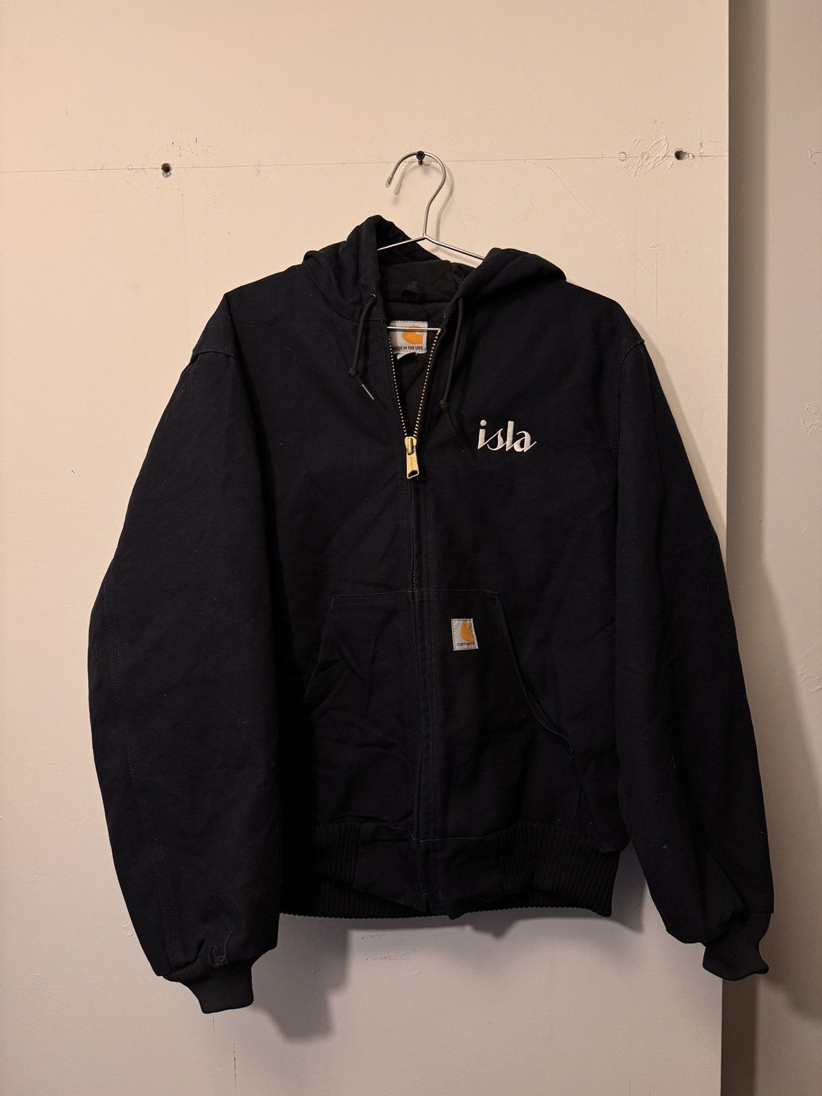 image of Y2K Carhartt Navy Blue Hooded Lined Work Jacket, Men's (Size Small)