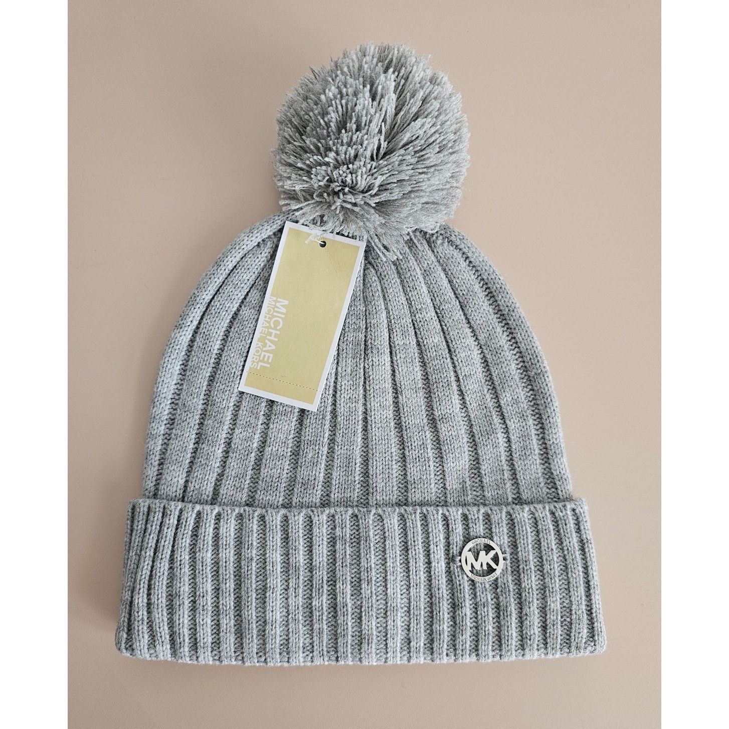 Michael Kors NWT Michael Kors Gray Ribbed Knit Beanie with Pom Pom Hat Size ONE SIZE - 1 Thumbnail