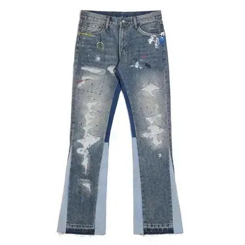 Japanese Brand VIBE Blue Speckle ink Destroyed Flared Jean Size US 33 - 7 Thumbnail