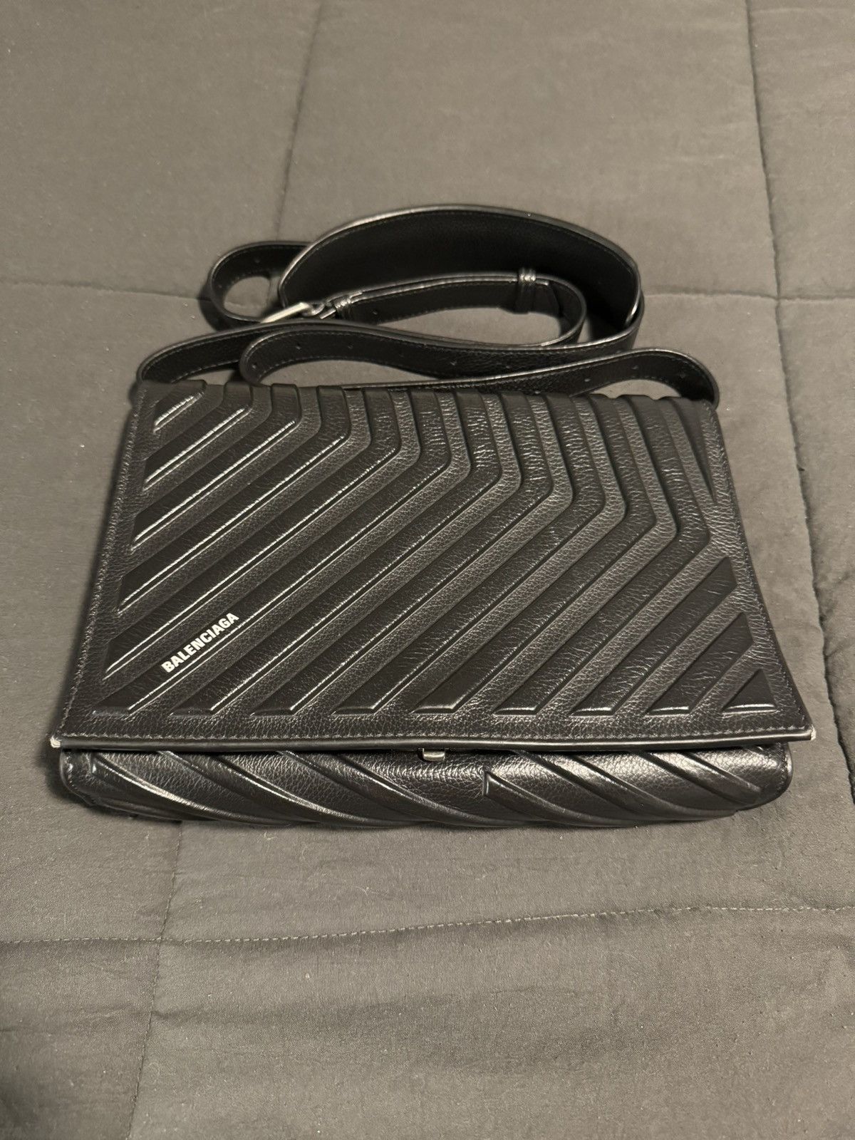 image of Balenciaga Car Leather Crossbody Messenger Flap Bag in Black, Men's