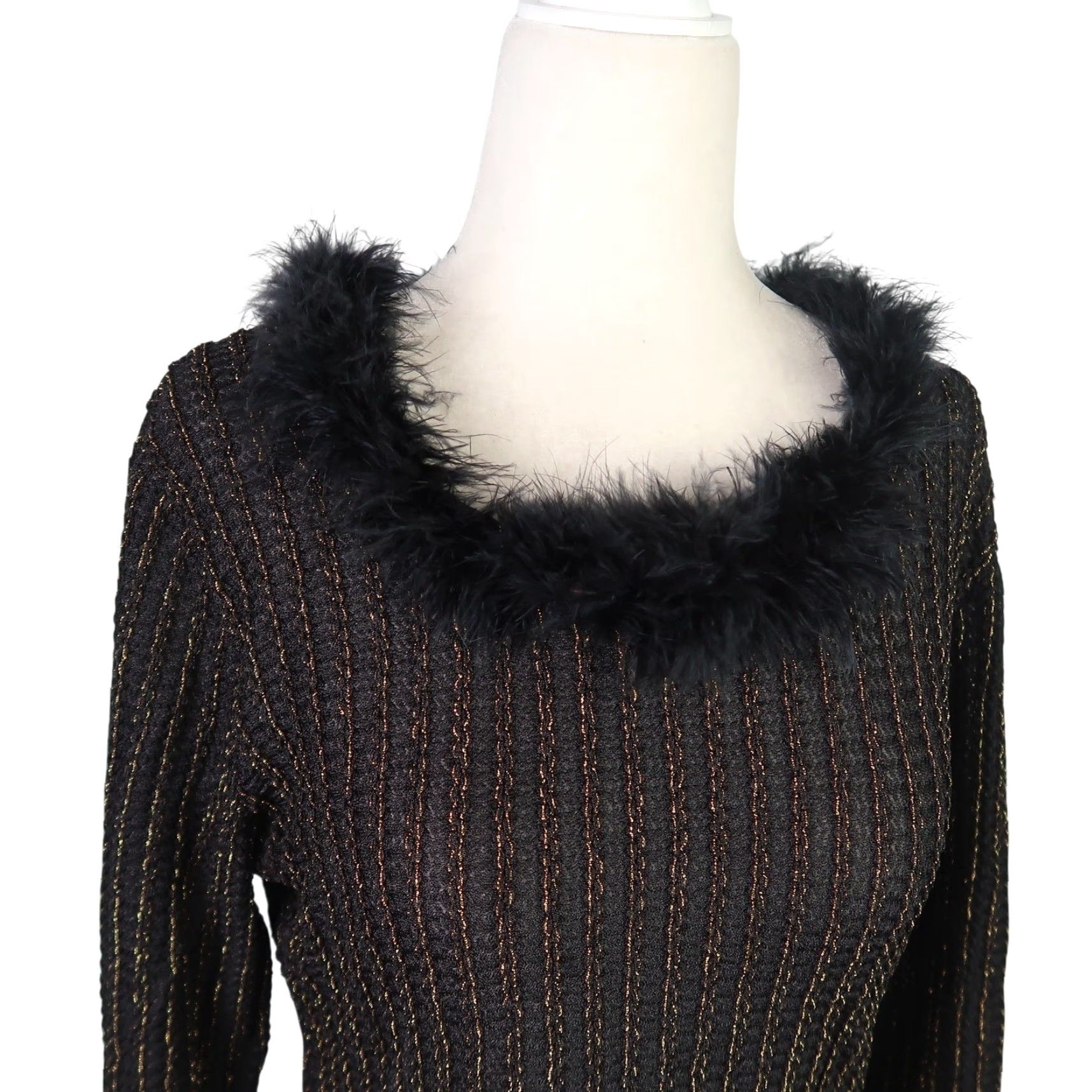 Vintage VINTAGE 90s Topaz Black w/ Gold Lurex Stripe Knit Sweater Feather Trim Women Medium Pullover Long Sleeve Glitter Fall Winter History 90s Size M / US 6-8 / IT 42-44 - 2 Thumbnail