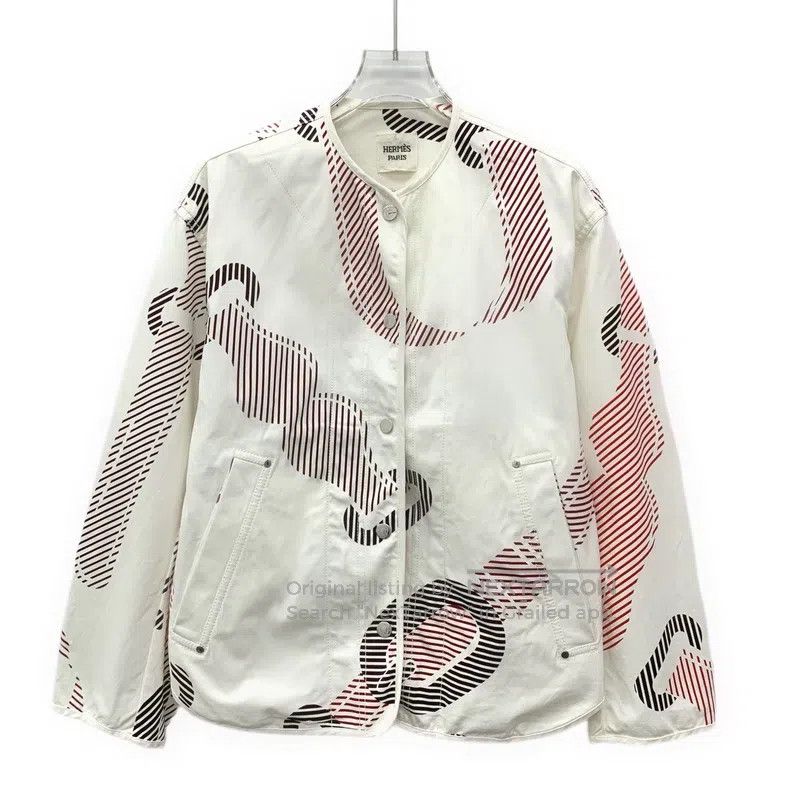 Hermes Hermes White Printed Cotton Single Breasted Long Sleeve Ja Size XXS / US 00 / IT 34 - 1 Thumbnail