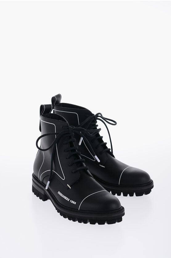 image of Dsquared2 Leather Outline Story Combat Boots With Contrast Trim in Black, Men's (Size 8)