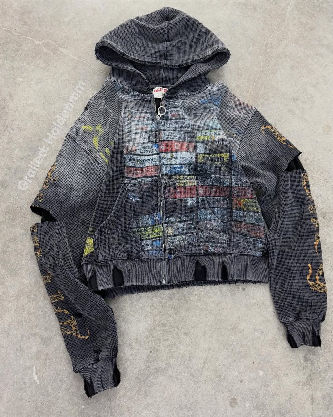 Vale Forever Black Glitch Waffle Thermal Zip Up Hoodie