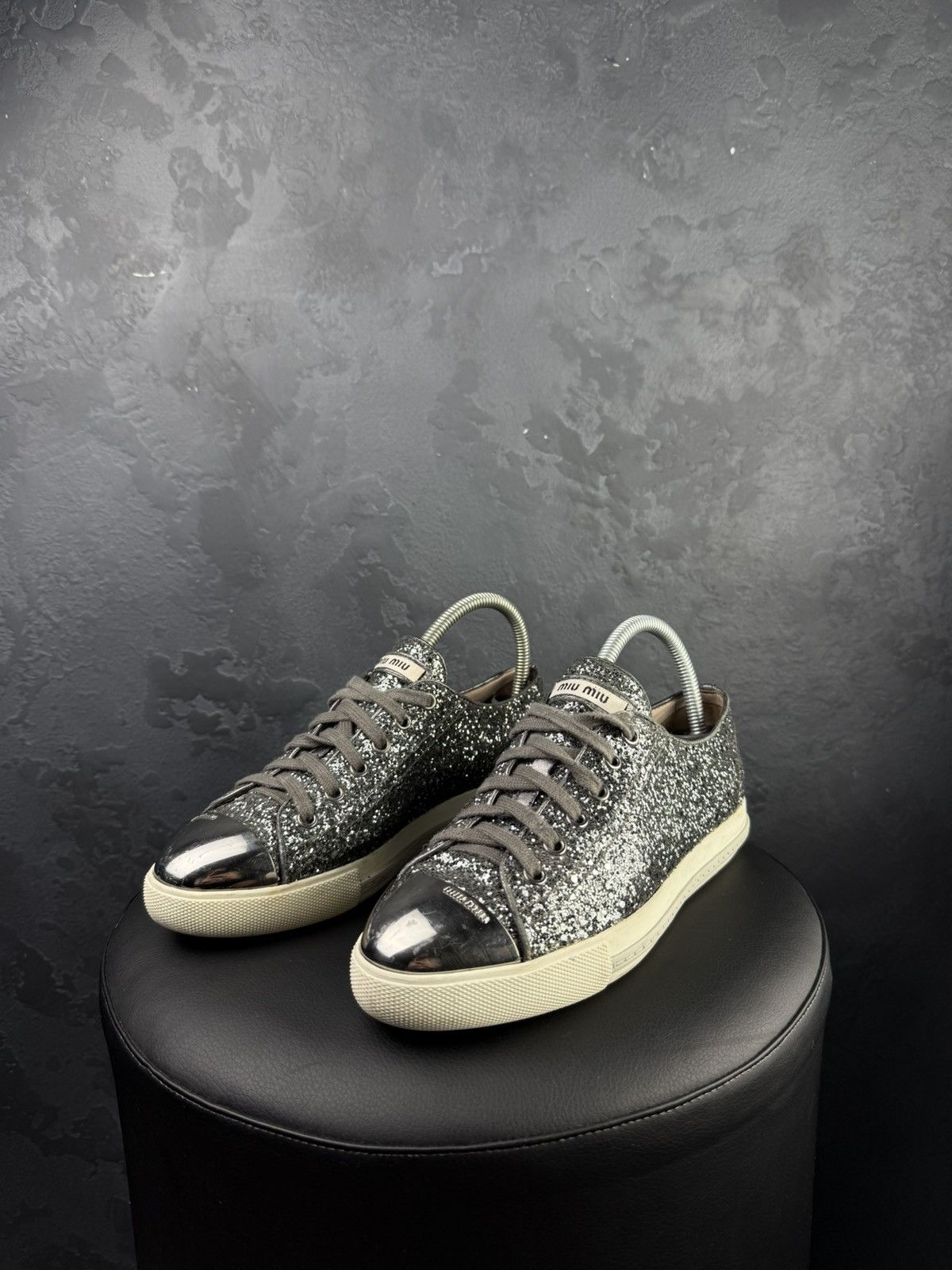 Miu Miu Miu Miu Metallic Grey Glitter Low Top Sneakers Size 38.5 Size US 8 / IT 38 - 1 Thumbnail