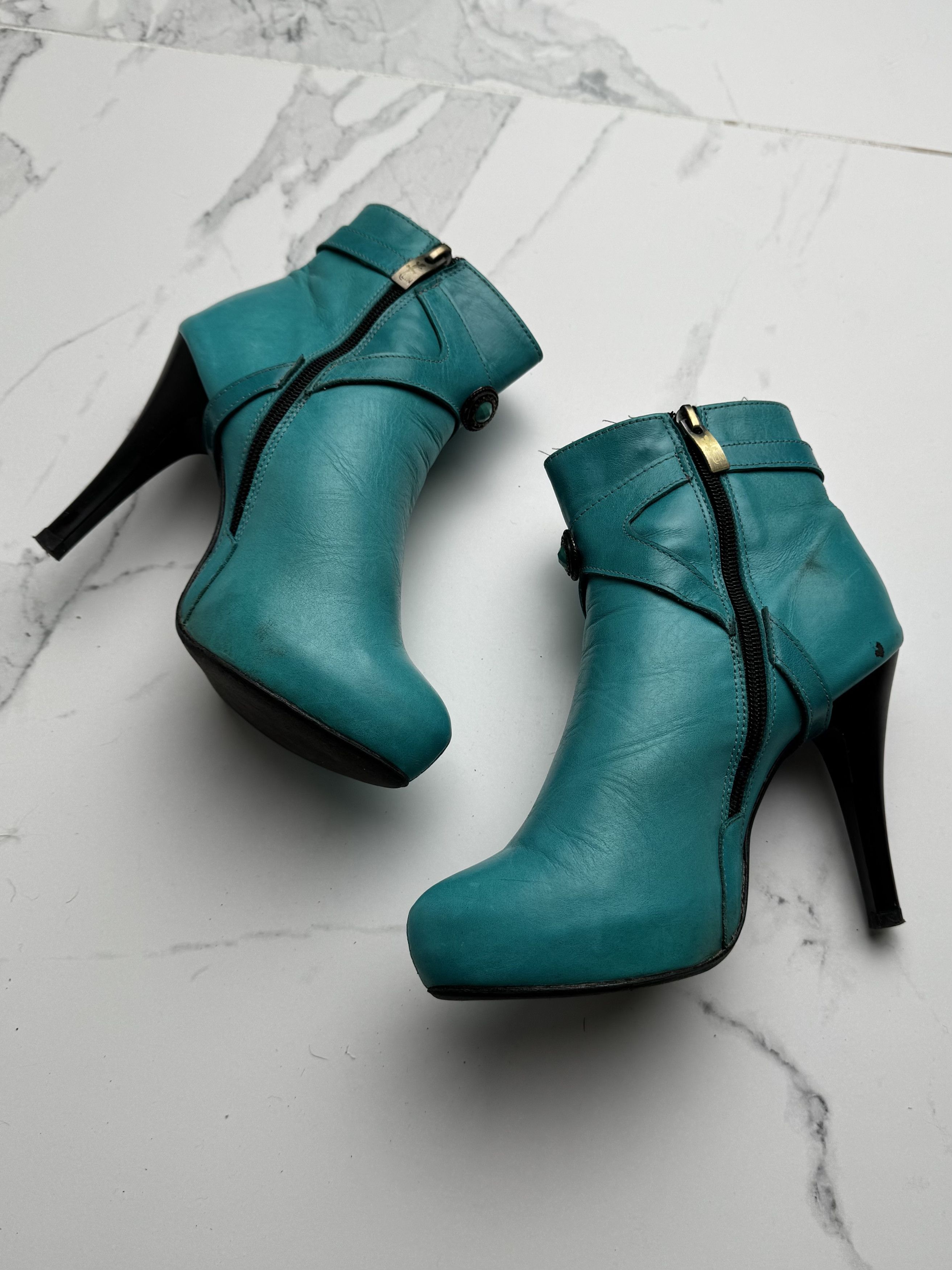 Vintage Y2K Turquoise High Heel Ankle Boots Leather Buckle Booties Size US 6 / IT 36 - 3 Thumbnail