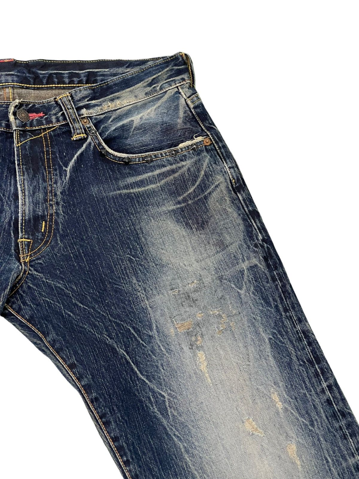 Edwin Distress Patchwork Edwin Japan Faded Acid Wash Loose 7🟦4 Size US 35 - 9 Thumbnail