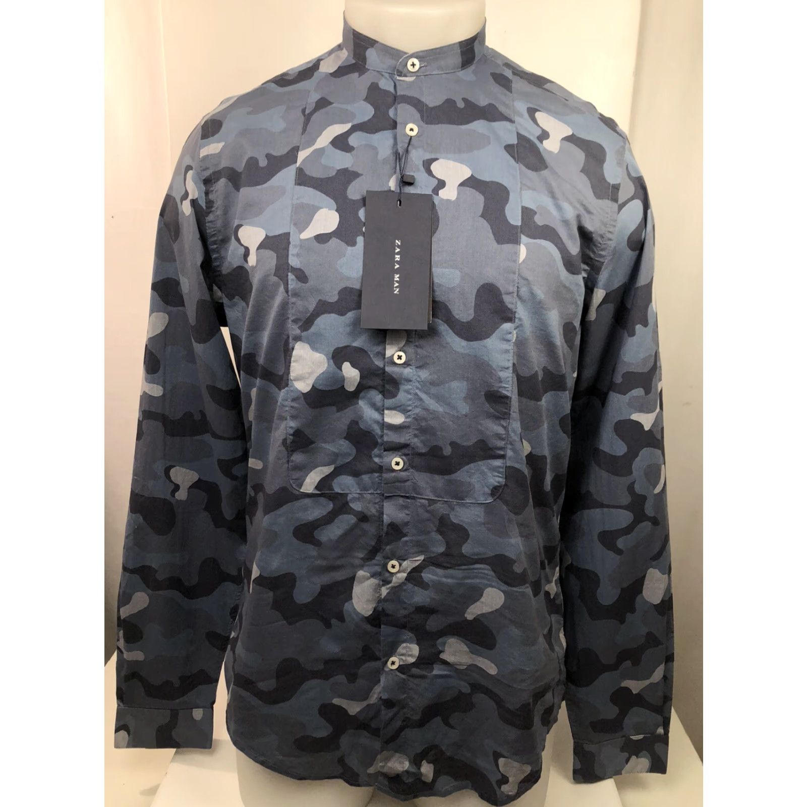 Zara ZARA MAN Camouflage Slim Fit Cotton Shirt Collarless Blue/Gray M7 Size S Size US S / EU 44-46 / 1 - 2 Thumbnail