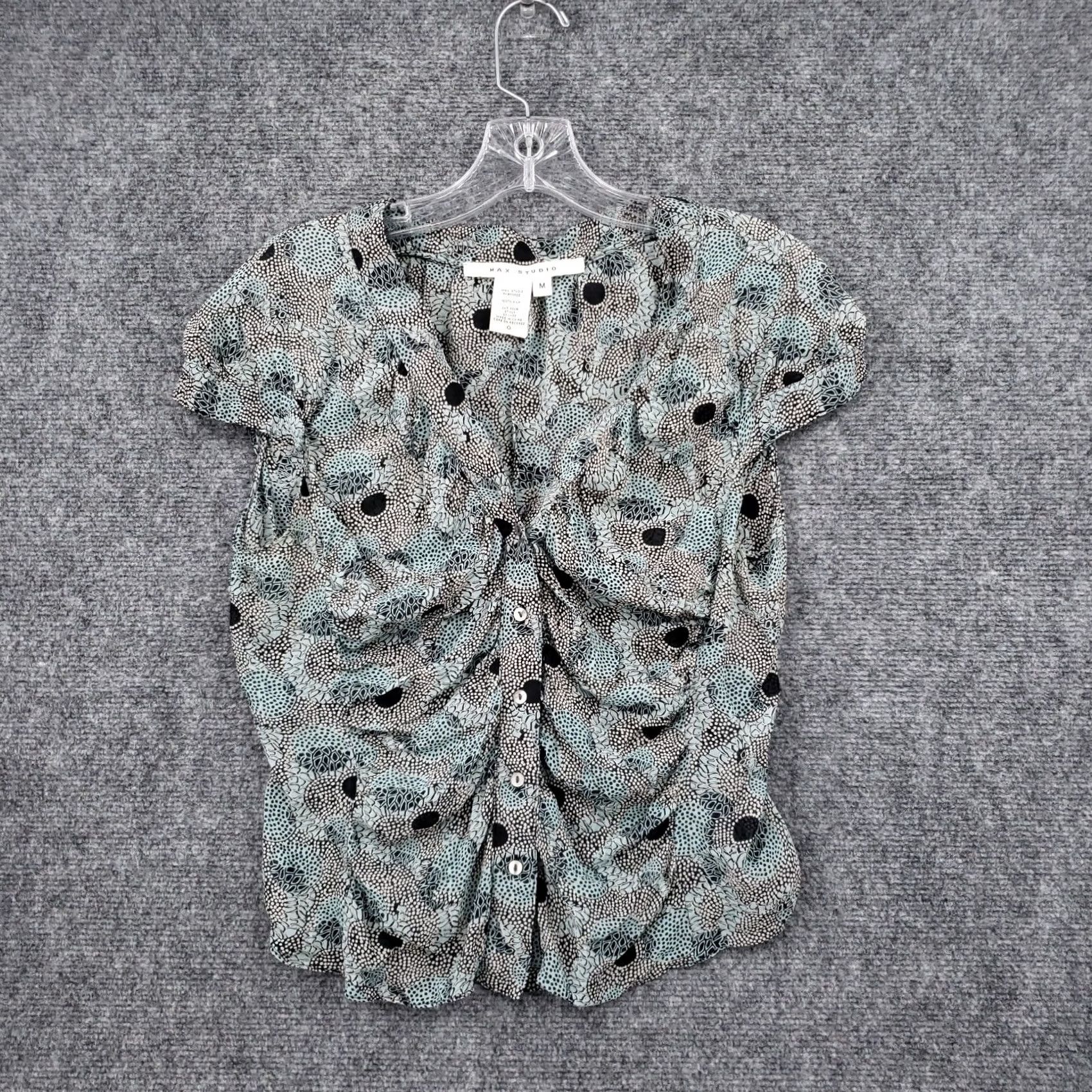 Vintage Max Studio Blouse Shirt Women M Blue Silk Floral Button V-Neck Cap Sleeve Casual Bohemian Classics 90s Theme? Size M / US 6-8 / IT 42-44 - 2 Thumbnail