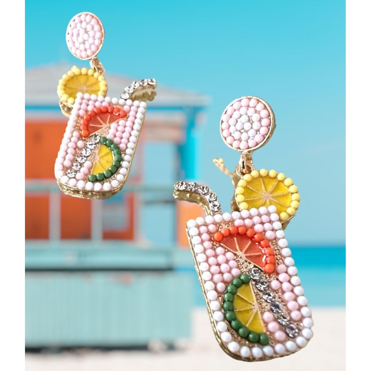 Handmade Tropical Cocktail Earrings Beaded Dangle Posts Lemon Lime Cr Size ONE SIZE - 5 Thumbnail