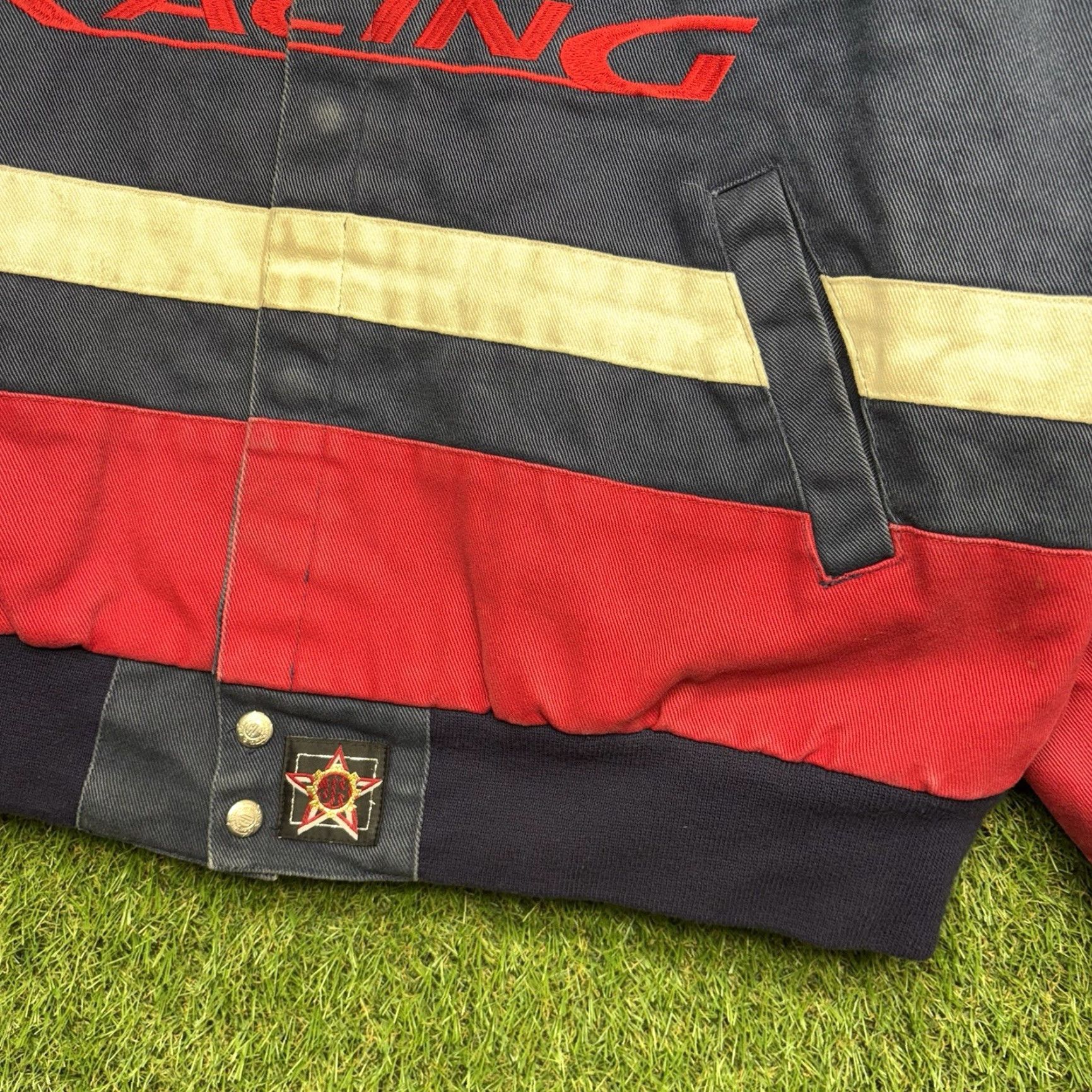 Vintage Yes Jeff Hamilton Brand JH Designs Ford Motor Company NASCAR Racing Jacket Mens XL Denim Cotton Bomber Zip? Snap?