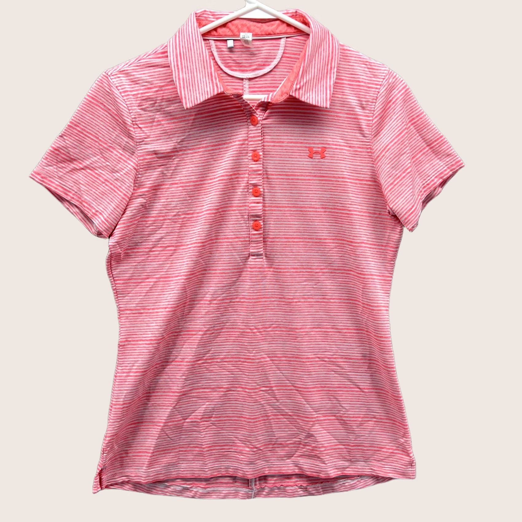 Under Armour Under Armour Polo Shirt Womens M Pink Stripe HeatGear Golf Stretch Top Size M / US 6-8 / IT 42-44 - 1 Thumbnail