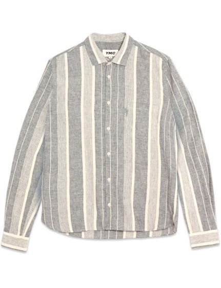 image of Ymc Curtis Relaxed Fit Linen Stripe Shirt in Grey, Men's (Size Small)