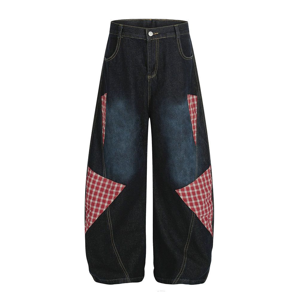 Men's punk patchwork plaid scimitar jeans y2k