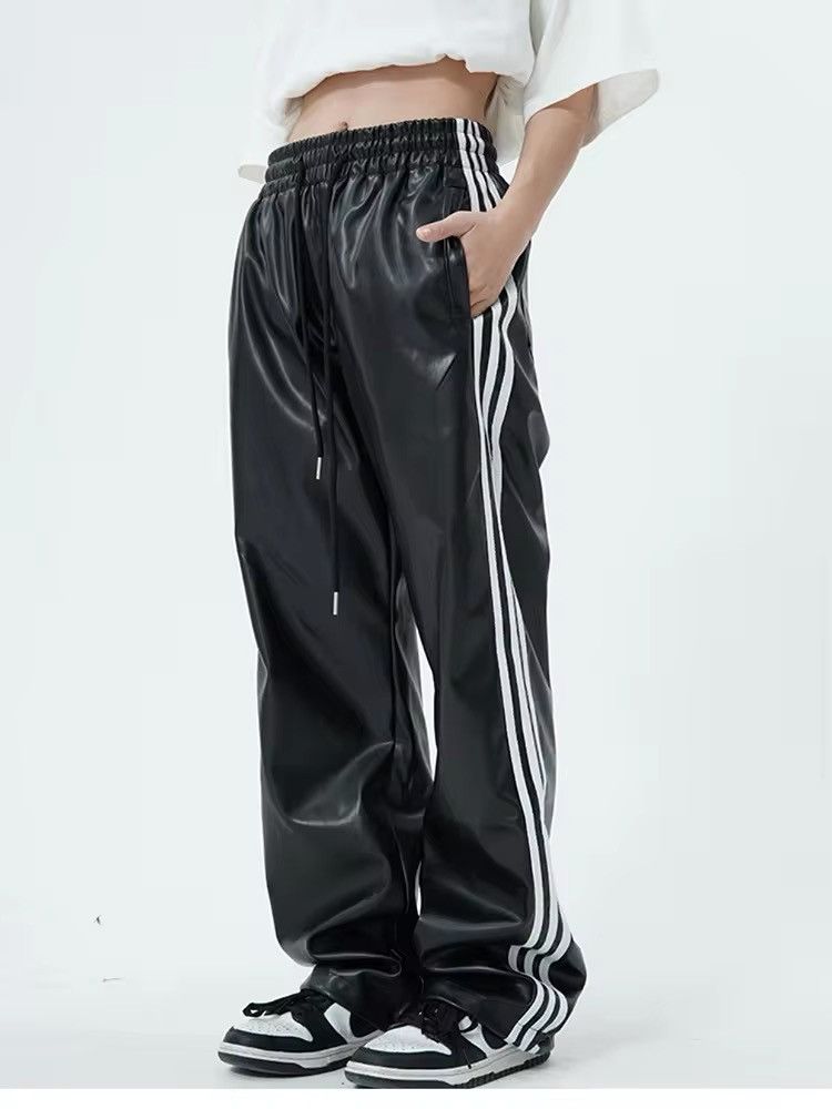 Elastic Waist Black Soft Pu Leather Sweatpant