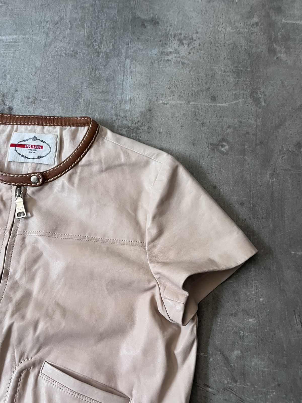 Prada Prada beige brown short leather crop jacket Size L / US 10 / IT 46 - 4 Thumbnail