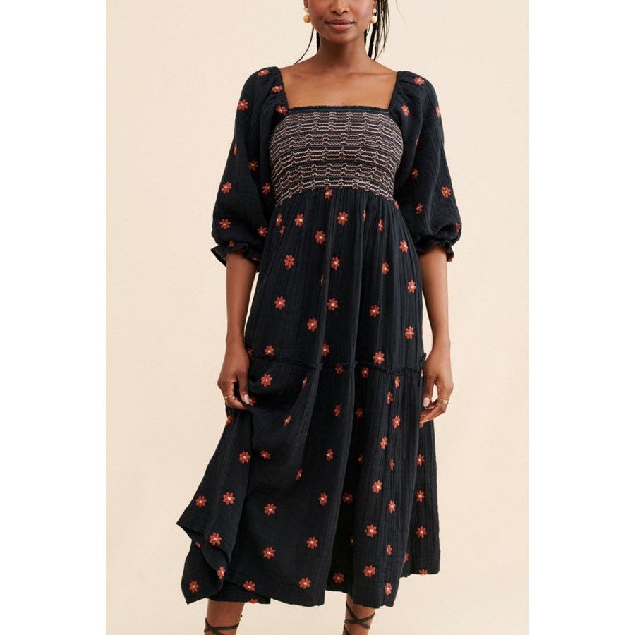 Free People Dahlia Embroidered Maxi Dress Black Gauzy Smocke