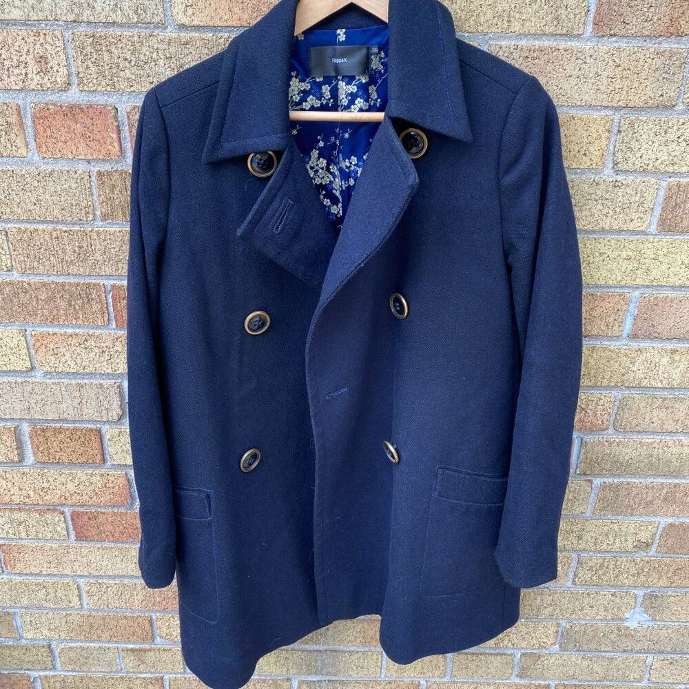 Filippa K × Vintage Vintage 1998 Flippa K Floral Print Pea Coat Small Navy Blue Size S / US 4 / IT 40 - 5 Thumbnail